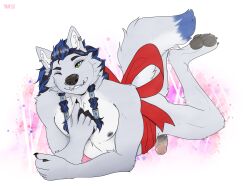 absurd_res beckoning blizzard_entertainment canid canine canis christmas feet foot_focus genitals gesture gift_wrapped hi_res holidays male mammal penis raised_tail reingarde solo tail tyrartist warcraft were werecanid werecanine werewolf wolf worgen