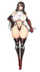 black_hair breasts final_fantasy final_fantasy_vii gurimjang hand_on_hip highleg huge_breasts long_hair navel plump red_eyes skimpy smile thick_thighs thigh_gap thighhighs tifa_lockhart underboob white_background wide_hips