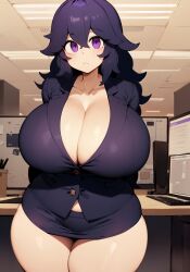 1girls ai_generated alternate_breast_size breasts busty cubicle curvy female female_only game_freak hex_maniac hi_res hips huge_breasts light-skinned_female light_skin long_hair nintendo oatmealdood office office_lady pokemon pokemon_xy purple_eyes purple_hair stable_diffusion thick_thighs thighs voluptuous wide_hips