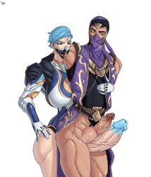 1boy 1futa balls big_balls big_penis blue_hair bottomless breasts clothed clothing dark-skinned_male duo edenian erection frost_(mortal_kombat) futa_is_bigger futa_on_male futa_sans_balls futanari huge_cock human light-skinned_futanari light-skinned_male light_skin male mask mortal_kombat mortal_kombat_11 mostly_clothed partially_clothed penis rain_(mortal_kombat) smooth_balls source_request standing thigh_sex vaporr