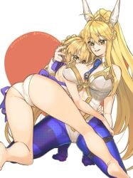 2girls ahoge animal_ears artoria_pendragon artoria_pendragon_(all) artoria_pendragon_(fate) artoria_pendragon_(lancer) artoria_pendragon_(swimsuit_archer) artoria_pendragon_(swimsuit_archer)_(first_ascension)_(fate) artoria_pendragon_(swimsuit_ruler) ass bare_shoulders bikini blonde_hair blue_pantyhose blue_ribbon blush braid breasts cleavage clothing_cutout detached_collar fate/grand_order fate_(series) fishnet_pantyhose fishnets french_braid gold_trim green_eyes grin hair_between_eyes hair_bun hair_ribbon highleg highleg_leotard highres kneeling large_breasts leotard long_hair looking_at_viewer looking_back medium_breasts mitsurugi_sugar multiple_girls navel_cutout necktie pantyhose playboy_bunny ponytail rabbit_ears ribbon sidelocks smile swimsuit tiara white_bikini white_leotard wrist_cuffs