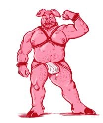 anthro bodily_fluids body_hair bunraku cigar clothing cum domestic_pig ear_tag flexing garf_of_finland genital_fluids harness hi_res hooves humanoid_hands jockstrap leaking_cum male mammal musclegut nipples overweight overweight_male piercing pink_body scruffy shaved_head smile smirk solo suid suina sus_(pig) tongue tongue_out underwear