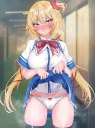 absurdres akai_haato akai_haato_(1st_costume) barseisui black_thighhighs blonde_hair blue_eyes blush bow bow_panties breasts clothes_lift collared_shirt commentary_request female hair_ornament hair_ribbon heart heart_hair_ornament highres hololive hololive_gen_1 hololive_japan large_breasts lifted_by_self looking_at_viewer panties red_ribbon ribbon shirt side_ponytail skirt skirt_lift smile solo thighhighs twintails underwear virtual_youtuber white_panties white_shirt