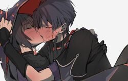 1boy 1girls artwolfaja bangs blood blood_on_face closed_eyes female genshin_impact kissing making_out male male/female mona_(genshin_impact) passionate passionate_kiss scaramouche_(genshin_impact) straight witch_hat