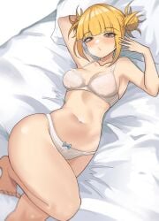 absurdres arm_up bags_under_eyes blonde_hair boku_no_hero_academia bow bow_panties bra breasts double_bun female hair_bun highres himiko_toga knee_up looking_at_viewer lying medium_breasts messy_hair my_hero_academia navel on_back panties pillow solo toga_himiko underwear white_bra white_panties yellow_eyes zd_(pixiv6210083)