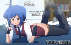 1boy ass bare_ass blue_eyes blue_hair femboy laying_on_bed original original_character skinny socks tie young zukafu_shimoto zukafu_shimoto_(character)