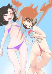 2girls ass big_butt bikini breasts brown_eyes brown_hair crab cutting_clothes female female_focus female_only game_freak gloria_(pokemon) imminent_nudity krabby marnie_(pokemon) microsd_(artist) multiple_girls nintendo open_mouth pokemon pokemon_ss small_breasts wardrobe_malfunction