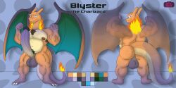 1boy 5_fingers absurd_res annaengine anthro armpit_hair artist_logo artist_name ass backsack balls ballsack belly biceps big_penis big_wings blue_eyes body_hair butt_hair charizard chest_hair chubby_anthro chubby_male circumcised claws digital_drawing_(artwork) digital_media_(artwork) dragon english_text erection facial_hair fan_character fangs feet fingers fire fist flexing front_view generation_1_pokemon genitals gradient_body hairy_arms hairy_balls hairy_male hi_res humanoid humanoid_genitalia humanoid_penis long_tail looking_at_viewer looking_back male male_nipples male_only membrane_(anatomy) membranous_wings model_sheet multicolored_body muscles muscular_anthro muscular_male navel nintendo nude_male orange_body pecs penis pokemon pokemon_(species) pubes purple_balls purple_body purple_penis rear_view scalie scrotum shiny_pokemon simple_background slightly_chubby smile smooth_penis solo standing tail tan_body teeth testicles text toe_claws toes winged_humanoid wings