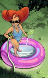 1girls curvaceous curvy disney female goof_troop milf one-piece_swimsuit peg_pete pool_float red_hair sunglasses sunglasses_on_head swimsuit thick_thighs tvma water water_hose