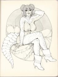 1girls au_ra bed big_breasts breasts female final_fantasy final_fantasy_xiv freckles freckles_on_breasts high_heel_boots horns large_breasts legs_crossed nozdraws tail