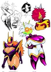 5girls alien alien_girl big_breasts black_hair bodysuit breasts cleavage curvy curvy_female green_skin horn long_hair no_sex orange_hair original original_character ponytail red_hair sara_(theguywhodrawsalot) short_hair spacesuit theguywhodrawsalot thick_thighs thighs visor white_hair