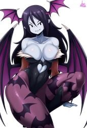 1girls 2020 adventure_time animal_print arm_support bare_shoulders bat_print bent_leg bite_mark black_hair breasts cleavage clothing collarbone colored_skin cosplay darkstalkers fangs female female_only grey_skin head_wings heart_cutout highres jmg large_breasts leotard long_hair looking_at_viewer marceline marceline_abadeer medium_breasts morrigan_aensland_(cosplay) pantyhose pointy_ears purple_pantyhose simple_background smile smiling smiling_at_viewer solo strapless strapless_leotard succubus_wings thick_thighs vampire very_high_resolution white_background wings