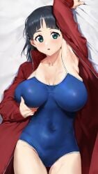 1girls absurdres anime_nose aquamarine_eyes arched_bangs arm_up armpit armpits bed_sheet big_breasts black_hair blue_clothing blue_eyes blue_one-piece_swimsuit blue_swimsuit blunt_bangs blush breast_lift breast_support breasts breasts_apart cala_t_maki_72 cameltoe chestnut_mouth clavicle cleft_of_venus clothed_female clothing commentary_request covered_navel cowboy_shot dakimakura_(medium) dark_hair expressionless female grabbing_own_breast hair_clips hand_on_own_breast highres holding_breast huge_breasts impossible_clothes impossible_swimsuit jacket kirigaya_suguha long_sleeves looking_at_viewer lying on_back on_bed one-piece_swimsuit open_clothes open_jacket parted_lips red_clothing red_jacket school_swimsuit sheet_grab sleeves_past_wrists small_hands solo subtle_pussy sweat swimsuit sword_art_online tareme teal_eyes thick_eyebrows thigh_gap track_jacket unzipped_jacket zipper