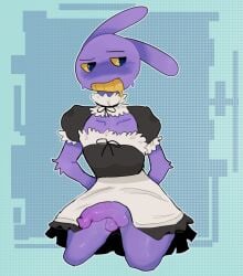 anthro blush bunny bunny_ears daffodil_honey_(artist) furry gloves jax_(the_amazing_digital_circus) lagomorph looking_to_the_side maid maid_outfit male male_only penis purple_body purple_penis solo tagme the_amazing_digital_circus yellow_eyes yellow_mouth