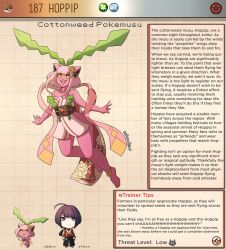 creature_index english_text female female_focus front_view generation_2_pokemon hi_res hoppip humanoid kinkymation nintendo page_187 page_number pink_body pink_hair pokémon_(species) pokemon pokemorph pokemusu profile skimpy_clothes tagme text_box yellow_eyes