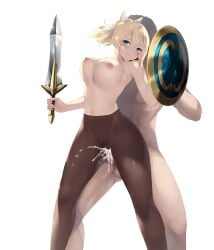 1boy 1girls big_breasts blonde_hair breasts cait cassandra_alexandra cum_in_pussy cum_inside hetero long_hair looking_at_viewer nude open_mouth pantyhose sex shield simple_background soul_calibur sword vaginal_penetration weapon white_background