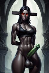 abs ai_generated dark-skinned_female dark_skin futanari glowing_eyes green_penis huge_balls large_penis muscular_female muscular_thighs red_eyes tank_top villogorath