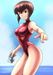 1girls carlotus curvy dollar_bills holding_money money nabiki_tendo ranma_1/2 red_swimsuit slim slim_waist swimsuit wink