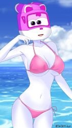 airplane anthro beach bikini breasts dizzy_(super_wings) female female_only female_solo helicopter living_machine medium_breasts navel object_head ocean open_mouth pink_bikini sea solo stomach super_wings tanjett white_skin