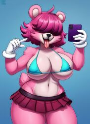 2023 2023s ahe_gao ai_generated anthro bear_ears bear_girl bear_tail belly_button big_ass big_breasts bikini black_nose blue_background blue_bra breasts cuddle_team_leader dark_red_skirt detailed epic_games fortnite fortnite:_battle_royale furry furry_only gloves hair_over_eyes miniskirt navel phone pink_fur pink_hair purple_phone red_skirt selfie selfie_pose sexy.ai skirt solo_female tongue_out white_gloves wide_hips