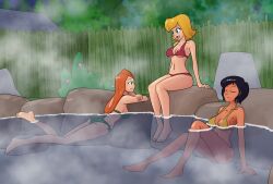 3girls alex_(totally_spies) ass bikini breasts clover_(totally_spies) female female_only hair hot_spring hot_springs mythkaz outdoors png sam_(totally_spies) sitting smile steam swimwear totally_spies water