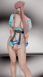 3d areolae athletic athletic_female bangs bare_legs big_breasts blue_eyes bottomless bracelet breasts breasts_out busty capcom cleavage ecchi_fighties female female_focus female_only hourglass_figure kimono manon_legrand nipples open_mouth pink_hair standing street_fighter street_fighter_6 wide_hips