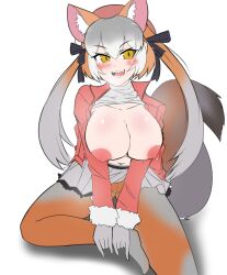 absurdres animal_ears blazer blush breasts brown_eyes brown_hair extra_ears ezorinx female fox_ears fox_girl fox_tail gloves grey_hair hat highres island_fox_(kemono_friends) jacket kemono_friends kemono_friends_v_project large_breasts long_hair looking_at_viewer multicolored_hair nanoder nipples pantyhose ribbon simple_background skirt solo tail turtleneck twintails two-tone_hair