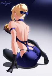 1girls artist_name artoria_pendragon artoria_pendragon_(alter) ass back back_to_viewer black_gloves burger fate/grand_order fate/stay_night fate_(series) french_braid gloves holding_burger necktie pantyhose tagme toes zealyush