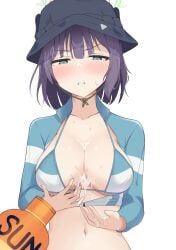 bikini black_headwear blue_archive blush breasts cleavage collarbone female green_eyes green_halo halo hat highres large_breasts looking_at_viewer lotion mintchoco_(minchothudong) navel official_alternate_costume open_mouth pov purple_hair rabbit_squad_(blue_archive) raglan_sleeves rash_guard saki_(blue_archive) saki_(swimsuit)_(blue_archive) short_hair simple_background solo srt_special_academy_student suggestive_fluid sunscreen swimsuit upper_body white_background