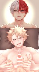 2boys artist_request bakugou_katsuki blonde_hair boku_no_hero_academia burn_scar censored completely_nude grey_hair highres katsuki_bakugou looking_at_viewer male_focus multicolored_hair multiple_boys my_hero_academia nude open_mouth penis red_eyes red_hair satoko_(sat_ok_o) scar scar_on_face short_hair shouto_todoroki spiked_hair tongue tongue_out two-tone_hair yaoi