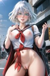 ai_generated bottomless breasts_out eyelashes hard_nipples huge_breasts no_bra no_panties pussy sakimichan_ai_artstyle_imitation school_uniform senju_kawaragi silver_hair tokyo_revengers vagina