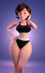 1girls 3d 3d_(artwork) bedroom_eyes big_breasts black_panties black_shorts breasts brown_eyes brown_hair calvin_klein disney elastigirl female hartman_hips helen_parr hourglass_figure human large_breasts lipstick mature mature_female milf panties pixar pose short_hair smitty34 solo sports_bra the_incredibles thick_thighs underwear wide_hips