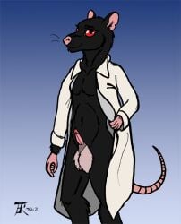 anthro balls big_balls black_body black_fur clothing coat fur genitals lab_coat lab_coat_only looking_at_viewer male mammal murid murine rat red_eyes rodent seriayne simple_background smile smiling_at_viewer solo standing topwear ysoki