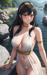 1girls ai_generated black_hair breasts curvaceous curvy_body curvy_figure dress earrings female greek_clothes jewelry large_breasts laurel_crown milf red_eyes revealing_clothes smile solo spy_x_family stable_diffusion voluptuous yor_briar