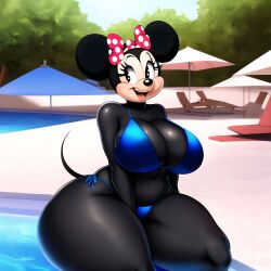 2023 2023s 4_fingers accessory ai_generated anthro big_breasts bikini black_body black_eyes black_fur black_hair black_nose blue_bikini blue_bra blue_panties blue_swimsuit bodily_fluids bow_ribbon breasts cleavage clothed clothing curvy_figure disney eyebrows eyelashes female female_only fingers hair_accessory hi_res mammal minnie_mouse mouse mouse_ears mouse_girl mouse_tail murid murine open_mouth pool rainbowkiller01_(artist) red_ribbon rodent short_hair smile solo sweat swimwear tail tan_skin thick_thighs thigh_highs voluptuous water wide_hips