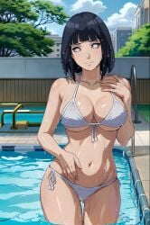 1girls ai_generated big_breasts bikini blue_hair boruto:_naruto_next_generations breasts female female_focus female_only hyuuga_hinata light-skinned_female light_skin looking_at_viewer midriff milf missessai naruto naruto_(series) navel pool solo solo_female solo_focus wet white_bikini white_eyes