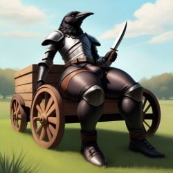 ai_generated anthro armor armored armored_boots armored_gloves artist_request avian avian_humanoid big_bulge bird black_feathers bulge bulge_through_clothing character_request chestplate copyright_request dagger day daytime femboy femboy_only feminine feminine_male field field_background girly knife knight looking_forward raven red_eyes shoulder_armor solo solo_anthro solo_focus solo_male tagme thick_thighs thighs trees wagon