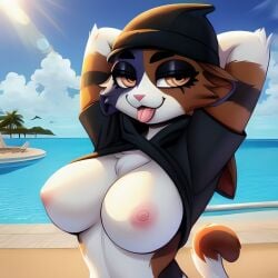 2023 2023s ai_generated anthro beach big_breasts black_beanie black_clothing black_eyeshadow blue_sky breasts brown_fur calico_cat cat_ears cat_girl cat_tail catgirl detailed detailed_background domestic_cat epic_games eyelashes fortnite fortnite:_battle_royale furry furry_only hat looking_at_viewer mammal meow_skulls_(fortnite) nipples no_bra nude pink_nipples pink_nose purple_fur shirt shirt_lift shirt_up solo stable_diffusion tail tongue_out water white_fur yellow_eyes
