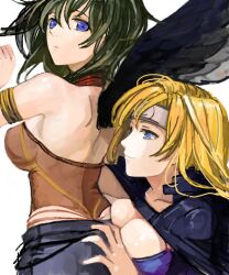 2girls ass ass_grab back backless_outfit bare_back bare_shoulders big_ass blonde_hair blue_eyes breast_press breasts cleavage fire_emblem fire_emblem:_radiant_dawn green_hair headband heather_(fire_emblem) laguz_(race) large_breasts long_hair medium_breasts multiple_girls nintendo pupps ringed_eyes simple_background vika_(fire_emblem) white_background yuri