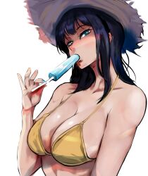 big_breasts bikini black_hair blue_eyes cleavage curvaceous curvy curvy_body curvy_female curvy_figure female female_only food hat hourglass_figure looking_at_viewer medium_hair nico_robin one_piece phallic_symbol popsicle pre-timeskip sexually_suggestive shounen_jump solo straw_hat sun_hat upper_body vcais voluptuous voluptuous_female yellow_bikini