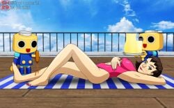 1girls aged_up artist_name artist_request butler capcom dominant female laying_down laying_on_ground lemonade lotion massage_oil mega_man_legends one-piece_swimsuit pointy_hair robot robots servant spyhunter29 sunscreen suntan_lotion swimsuit towel tron_bonne