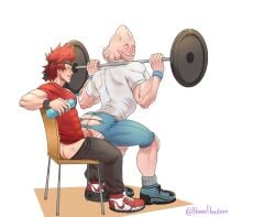 2boys anal_sex arched_back ass big_ass boku_no_hero_academia eijirou_kirishima gay gay_sex headband jockstrap kirishima_eijirou koji_koda koji_kouda kouda_kouji lifting lifting_weights male male/male male_only male_penetrated male_penetrating muscular muscular_male my_hero_academia on_chair penis_in_ass red_hair ripped_clothing ripped_pants ripped_shorts small_dom_big_sub spiky_hair standing_sex working_out yaoi