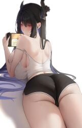 1girls ass black_hair booty_shorts breasts female hololive hololive_english hololive_english_-advent- horns huge_breasts large_ass large_breasts light-skinned_female light_skin long_hair nerissa_ravencroft playing_videogame prab short_shorts shorts tank_top virtual_youtuber