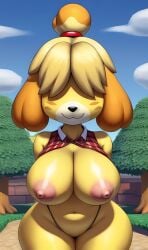2023 2023s :3 ai_generated animal_crossing anthro belly_button big_breasts black_nose breasts canid canine canis cardigan dog_ears dog_girl female female_only hair_over_eyes isabelle_(animal_crossing) navel nintendo nipples panties pink_nipples sexy.ai smile solo thick_thighs thigh_highs trees wide_hips yellow_body yellow_fur yellow_hair
