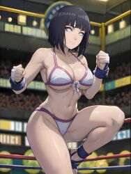 1girls ai_generated big_breasts bikini blue_hair boruto:_naruto_next_generations breasts female female_focus female_only fighting_ring fingerless_gloves gloves hyuuga_hinata light-skinned_female light_skin looking_at_viewer midriff milf missessai naruto naruto_(series) navel solo solo_female solo_focus white_bikini white_eyes