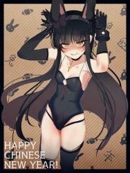 amber_eyes black_hair blush bow bunny_ears bunny_girl bunnysuit chinese_new_year elbow_gloves female gloves goth goth_girl goth_girl_&_the_jock gothic hands_behind_head leotard merryweather mole_under_mouth ophelia_(merryweather) rabbit_ears red_bow skimpy skimpy_clothes thighs