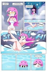 1girls anus areolae ass black_eyes breasts cherry_pie_(drshanks24) comic dialogue drshanks24 english_text female female_only in_water long_hair nipples pink_hair pool pussy slipping solo speech_bubble star-shaped_pupils star_tattoo tagme tattoo_under_eye towel