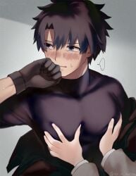 1boy 1boy1girl 1girls 2d athletic athletic_male blush breasts breasts_grab embarrassed fate/grand_order fate_(series) female first_person_view fujimaru_ritsuka_(male) gudao kaita_(mokamilkcup) looking_away male male/female male_breasts male_focus male_tits man_tits mash_kyrielight muscle muscular muscular_male pov simple_background sweat sweatdrop type-moon uncomfortable