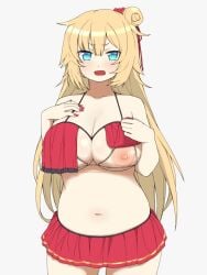 akai_haato blonde_hair blue_eyes breast_curtains breasts_out cleavage female hololive hololive_gen_1 hololive_japan large_breasts nipple_slip oerba_yun_fang okunin short_skirt slightly_chubby_female solo swimsuit virtual_youtuber