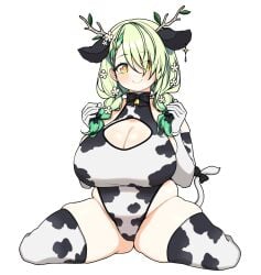 :> antlers boob_window ceres_fauna chubby_female cleavage cow_ears cow_print female green_hair hololive hololive_english hololive_english_-council- hololive_english_-promise- huge_breasts okunin on_knees plump smile solo spread_legs virtual_youtuber